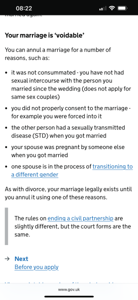 Annulling marriage as spouse is trans?