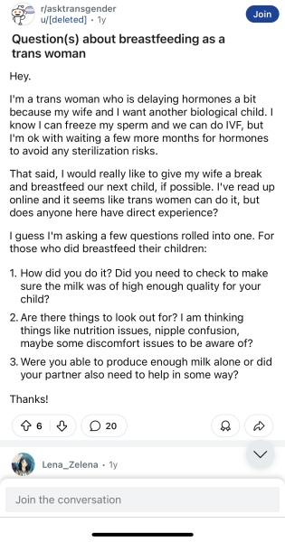 Banned from breastfeeding group for objecting to males breastfeeding