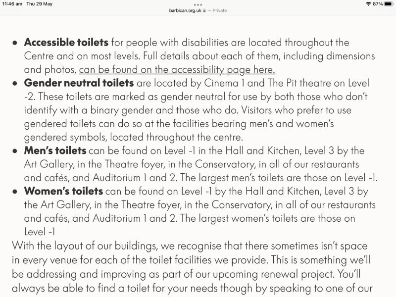 Barbican Centre plans to remove 18 women-only toilets as part of its Renewal project