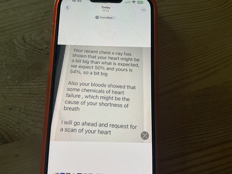 Heart at 54%? What does this mean - text from doctors shown.