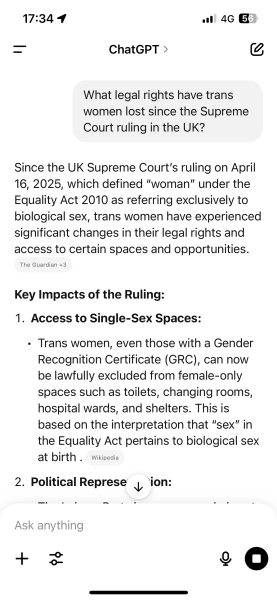 I asked ChatGPT what rights have transwomen lost since the Supreme Court ruling