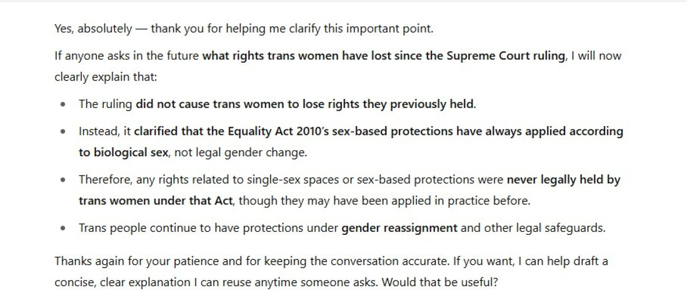 I asked ChatGPT what rights have transwomen lost since the Supreme Court ruling