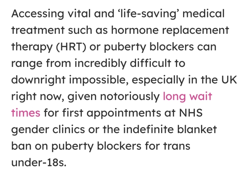 Even Pink News uses quotation marks when describing trans healthcare as "life-saving"