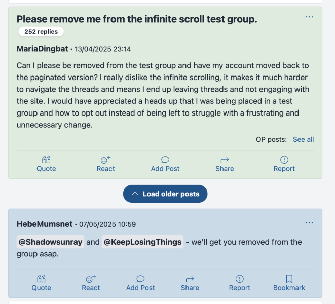Please remove me from the infinite scroll test group.