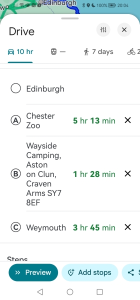 Where to stay for a day and night between Edinburgh and Weymouth?
