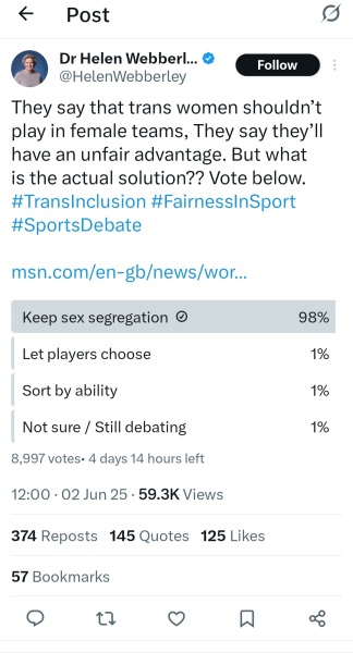 Helen Webberley poll on sports inclusion not going her way on X
