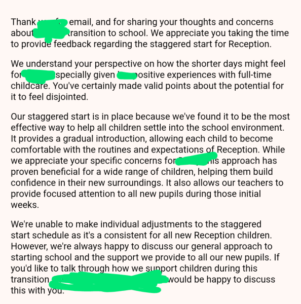 Reception staggered starts are overkill?! UPDATE