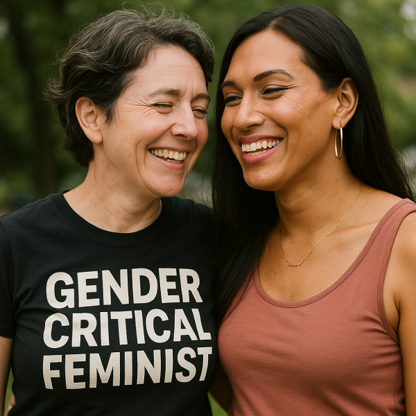 "ChatGPT, create an image of a transwomen and a natal woman sharing a happy moment together."