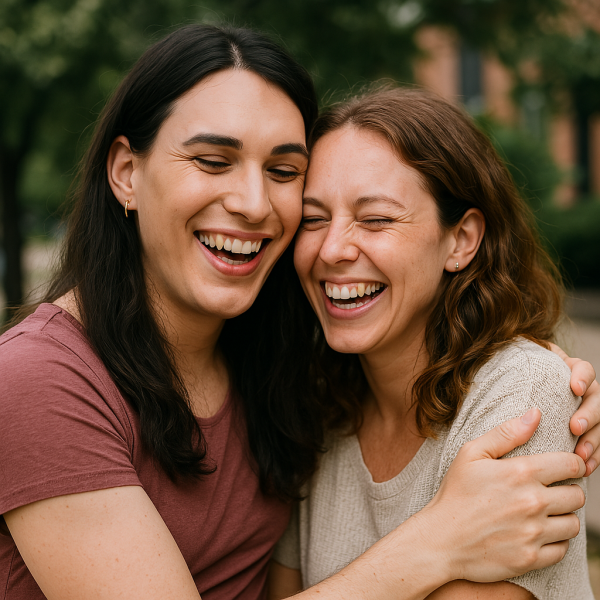 "ChatGPT, create an image of a transwomen and a natal woman sharing a happy moment together."