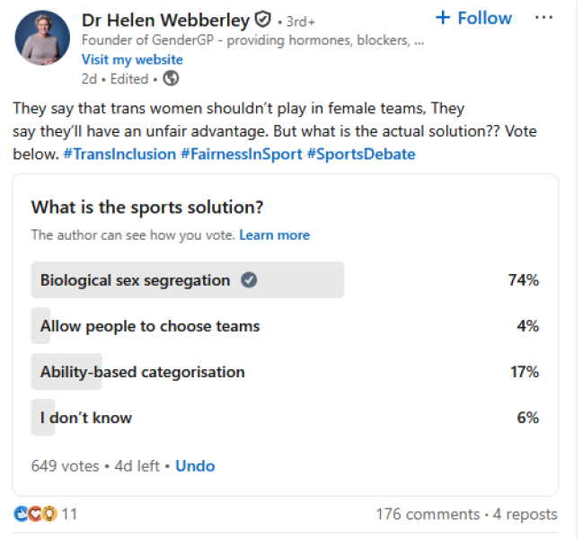 Helen Webberley poll on sports inclusion not going her way on X