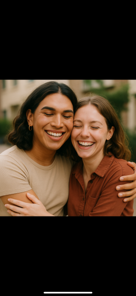"ChatGPT, create an image of a transwomen and a natal woman sharing a happy moment together."