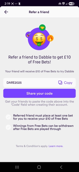 Dabble! Get a free £10 bet no deposit- withdraw anything you win plus £10 for each referral
