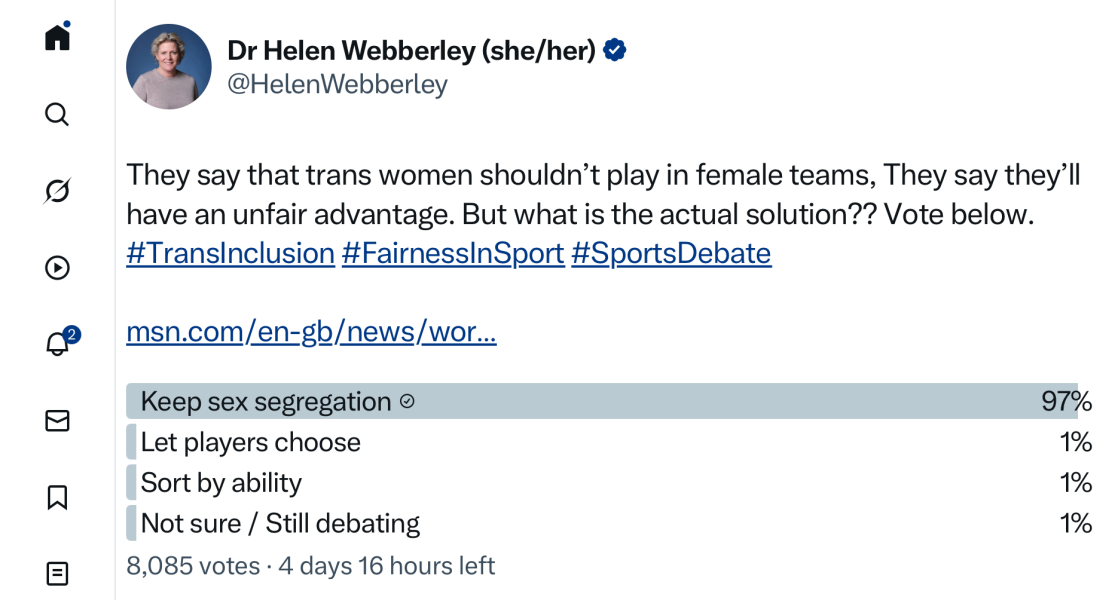 Helen Webberley poll on sports inclusion not going her way on X