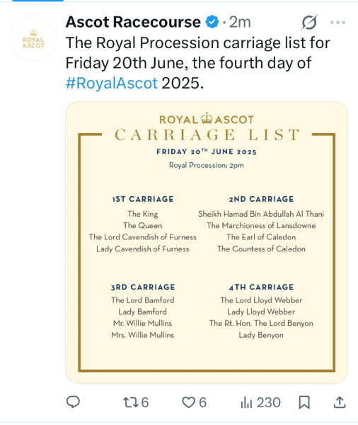 Royal Ascot 2025 - Carriage Lists