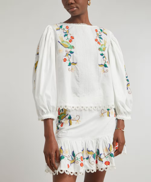 Can anyone id a blouse? White with neon birds