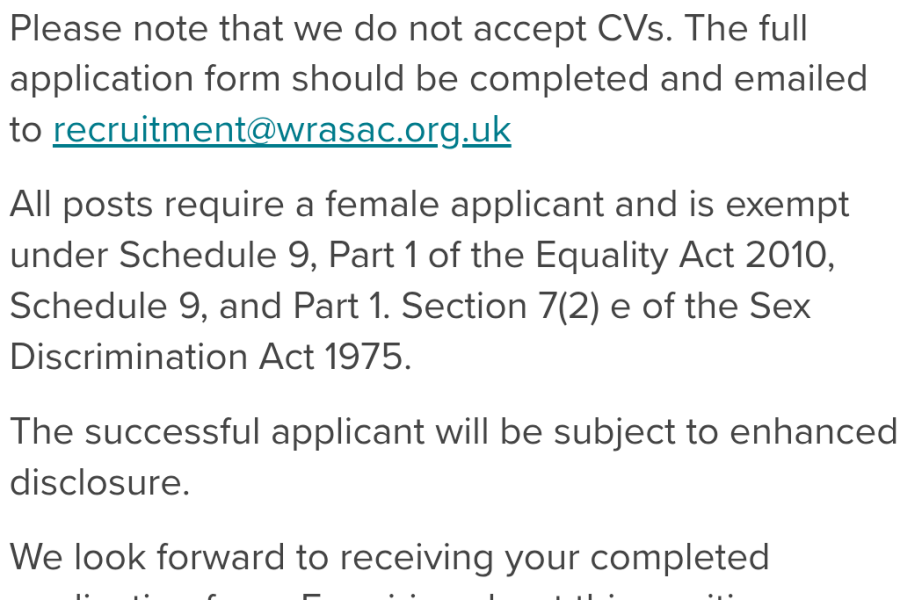 WRASAC Dundee and Angus job vacancies - quoting exemption for a women only post via Equality Act, and saying women includes transwomen