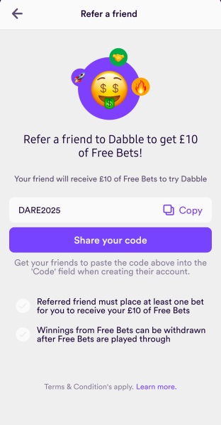 Dabble! Get a free £10 bet no deposit- withdraw anything you win plus £10 for each referral