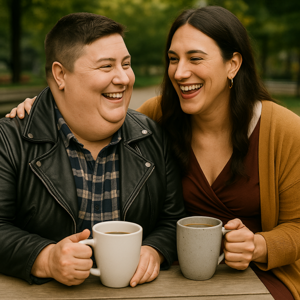 "ChatGPT, create an image of a transwomen and a natal woman sharing a happy moment together."