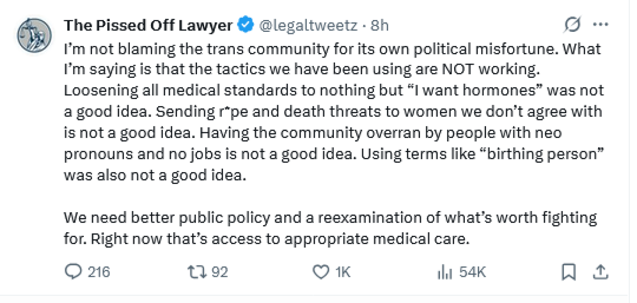 Outspoken TRA 'Legaltweetz' suddenly turns against transactivitism