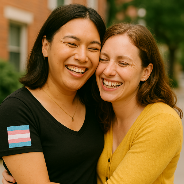 "ChatGPT, create an image of a transwomen and a natal woman sharing a happy moment together."