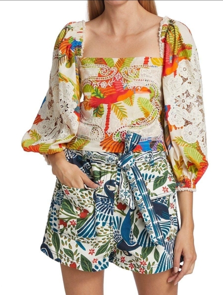 Can anyone id a blouse? White with neon birds