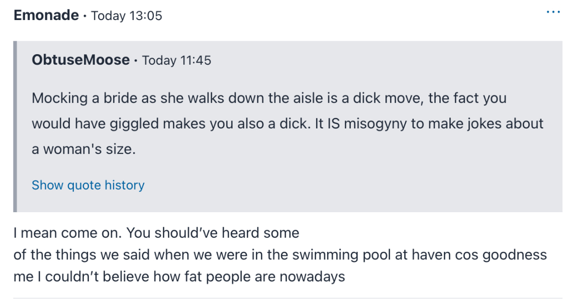 Husband commented on Bride’s size and her friend overheard
