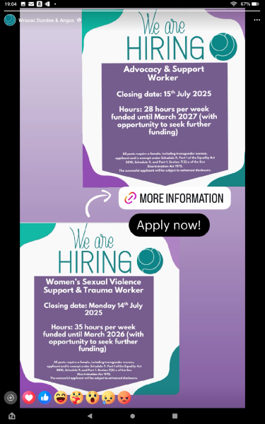 WRASAC Dundee and Angus job vacancies - quoting exemption for a women only post via Equality Act, and saying women includes transwomen