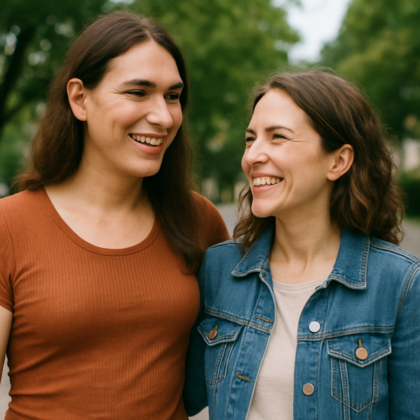 "ChatGPT, create an image of a transwomen and a natal woman sharing a happy moment together."