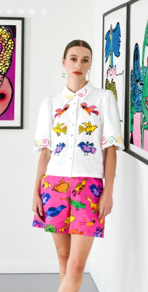 Can anyone id a blouse? White with neon birds