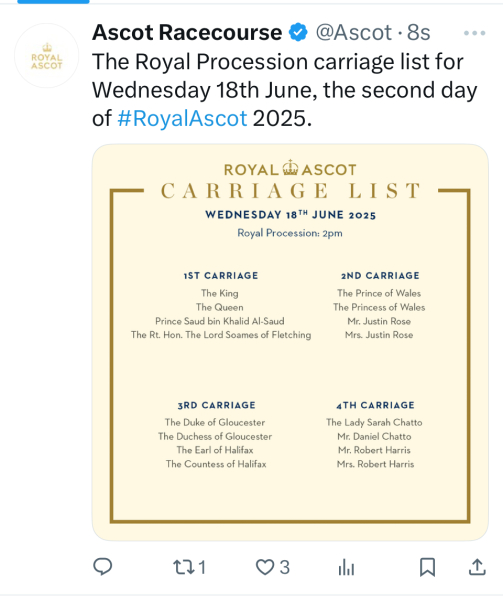 Royal Ascot 2025 - Carriage Lists