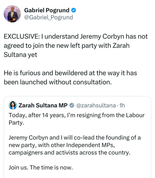 To be happy that Jeremy Corbyn and Zarah Sultana are founding a new party.