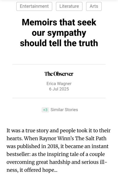 To feel disappointed after reading this in The Observer about the author and her husband from The Salt Path book and film?