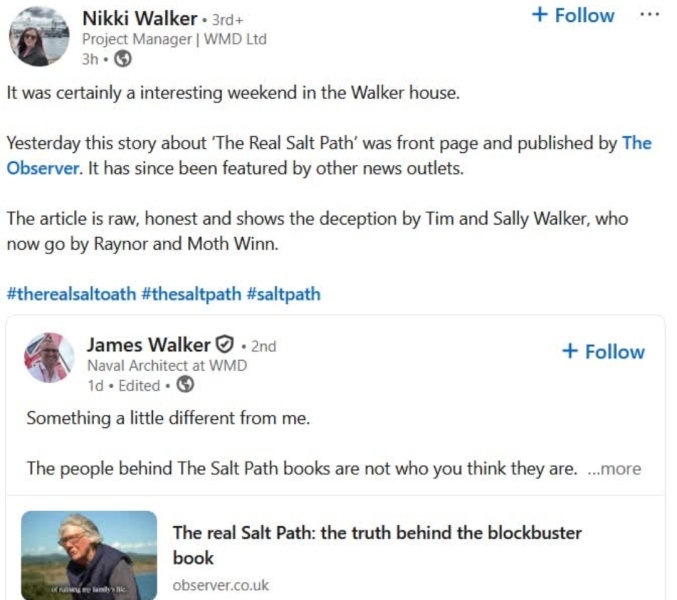 Thread 2. To feel disappointed after reading this in The Observer about the author and her husband from The Salt Path book and film?