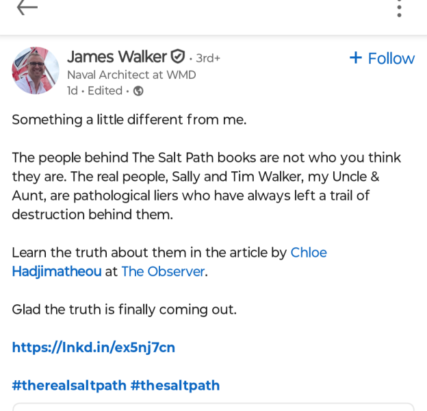 Thread 2. To feel disappointed after reading this in The Observer about the author and her husband from The Salt Path book and film?