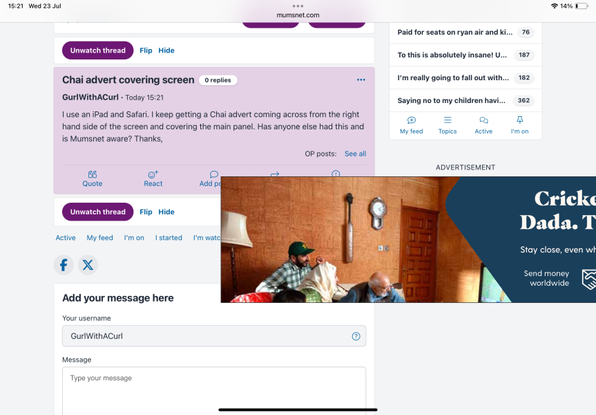 Chai advert covering screen