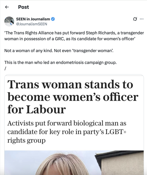 ‘The Trans Rights Alliance has put forward Steph Richards, a transgender woman in possession of a GRC, as its candidate for women’s officer’