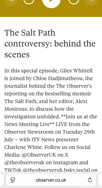 Thread 8: To feel disappointed after reading this in The Observer about the author and her husband from The Salt Path book and film?