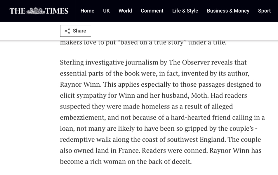 Thread 5: To feel disappointed after reading this in The Observer about the author and her husband from The Salt Path book and film?