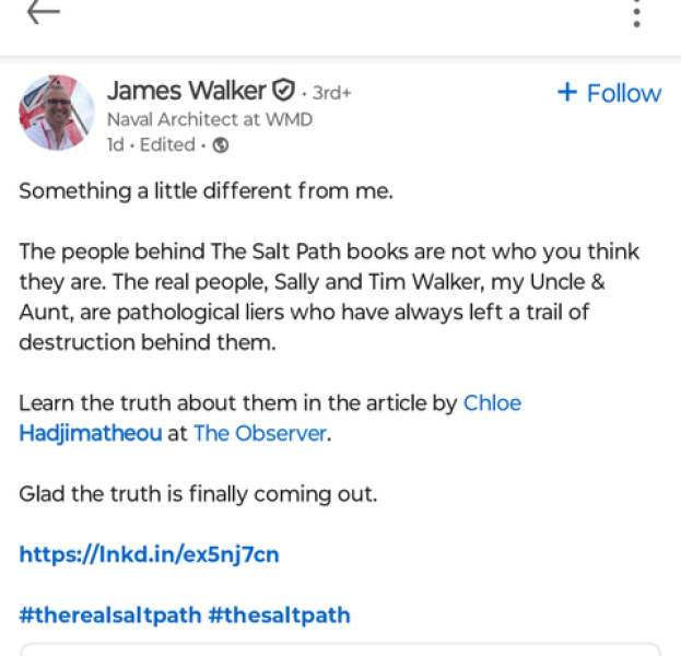 Thread 3: To feel disappointed after reading this in The Observer about the author and her husband from The Salt Path book and film?