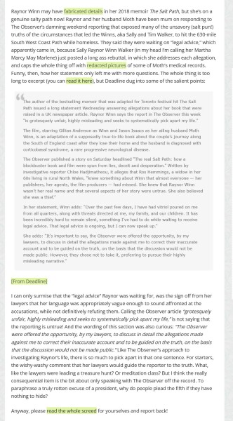 Thread 5: To feel disappointed after reading this in The Observer about the author and her husband from The Salt Path book and film?