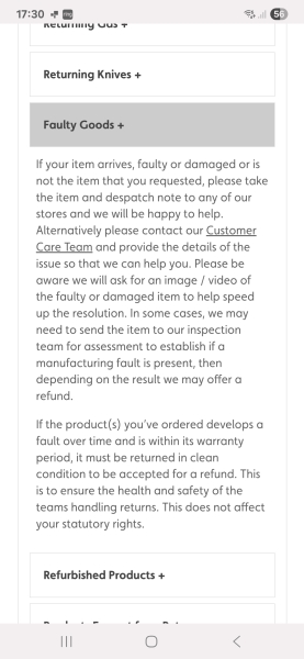 Millets website does not cater for the return of faulty goods.