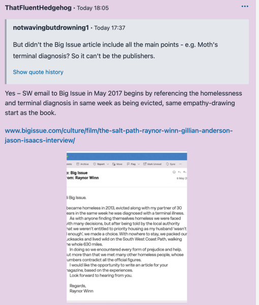 Thread 8: To feel disappointed after reading this in The Observer about the author and her husband from The Salt Path book and film?