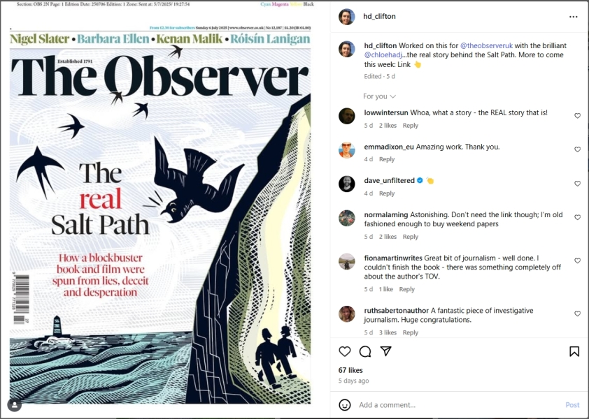 Thread 5: To feel disappointed after reading this in The Observer about the author and her husband from The Salt Path book and film?