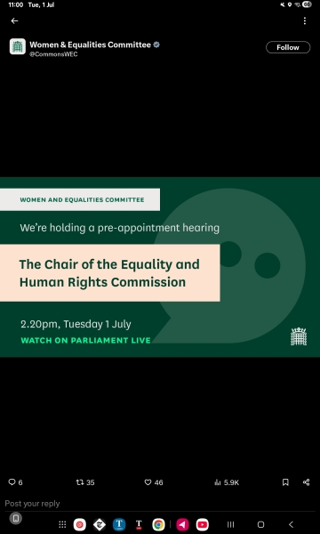Per appointment hearing for new chair of EHRC. This afternoon