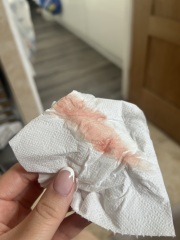 5-6 weeks, spotting clear/pink mucous discharge