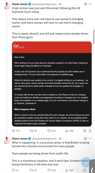 Virgin Active update their T&C to explicitly state members must use changing spaces that reflect biological sex. Wording is very clear. "By Law" (Title edited by MNHQ at request of OP)