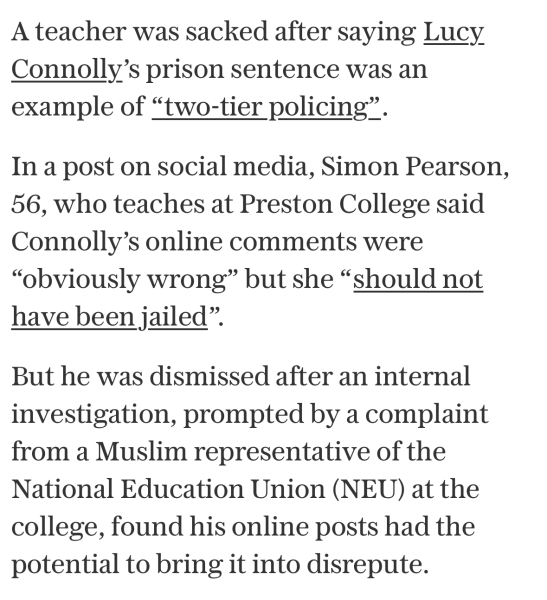 A teacher was sacked after saying Lucy Connolly’s prison sentence was an example of “two-tier policing”.