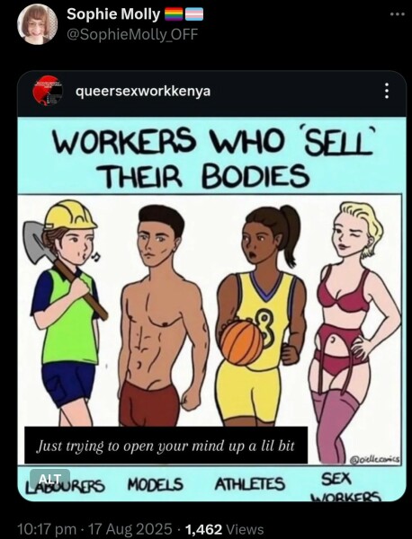 Sophie Molly (sparkles) thinks sex workers are the same as builders