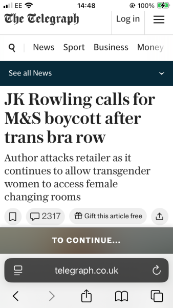 M&S apologises over trans employee in bra department (Telegraph)