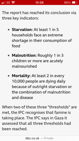A famine has been declared in Gaza city